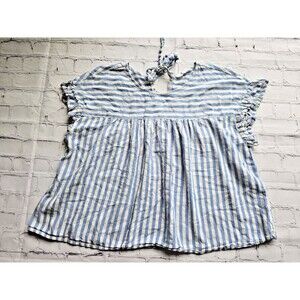Downeast Blue White Striped Ruffle Sleeve Tie Back Blouse Women’s Size S Rayon